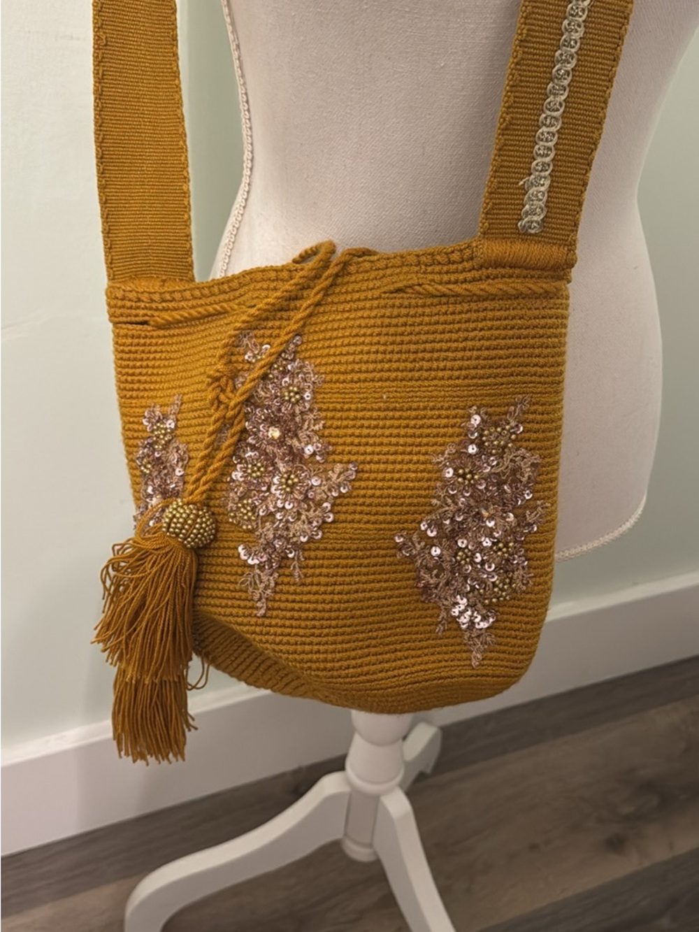 Embellished Mustard Knit Crossbody Bag